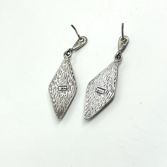 VINTAGE 925 STERLING SILVER MARCASITE ONYX DROP EARRINGS PIERCED ART DECO - Picture 12 of 15